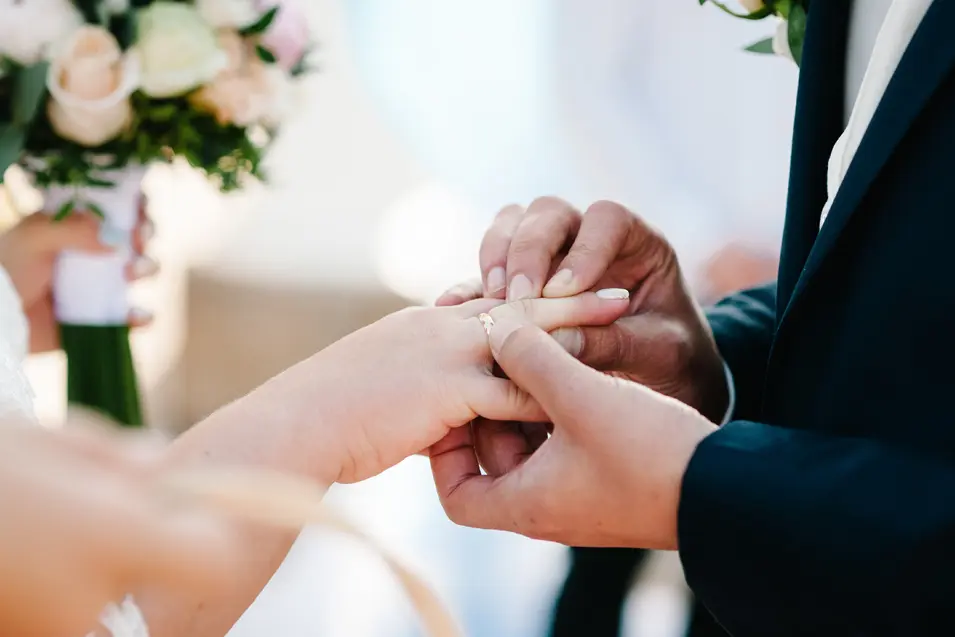 Man putting a ring on his wifes finger
