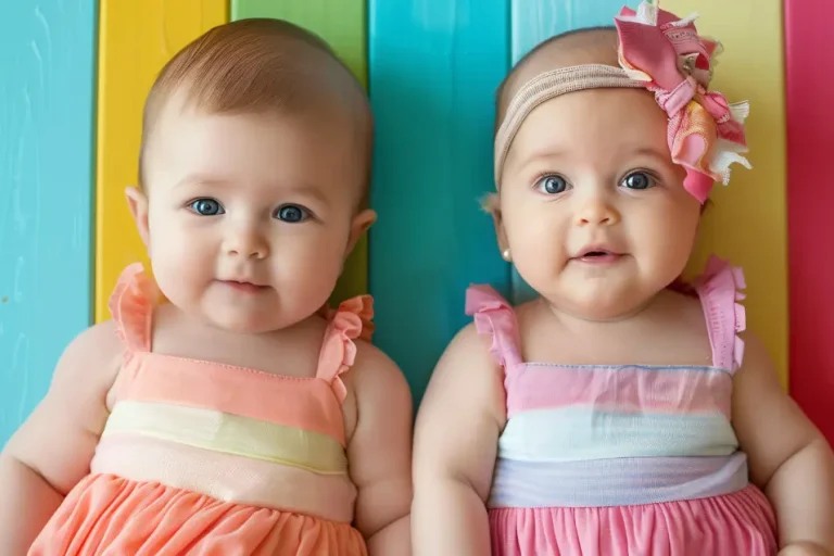 twin girls in colorful dresses