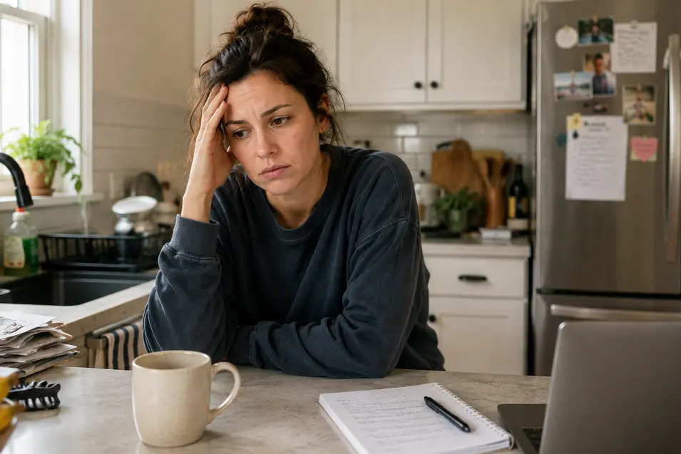A tired, frustrated woman leans on a kitchen counter, surrounded by everyday clutter, quietly overwhelmed by the demands of daily life.