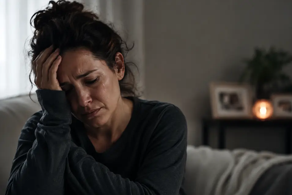 A grieving woman sits with tears in her eyes, head in hand, conveying deep sadness in a softly lit room with a quiet, somber atmosphere.