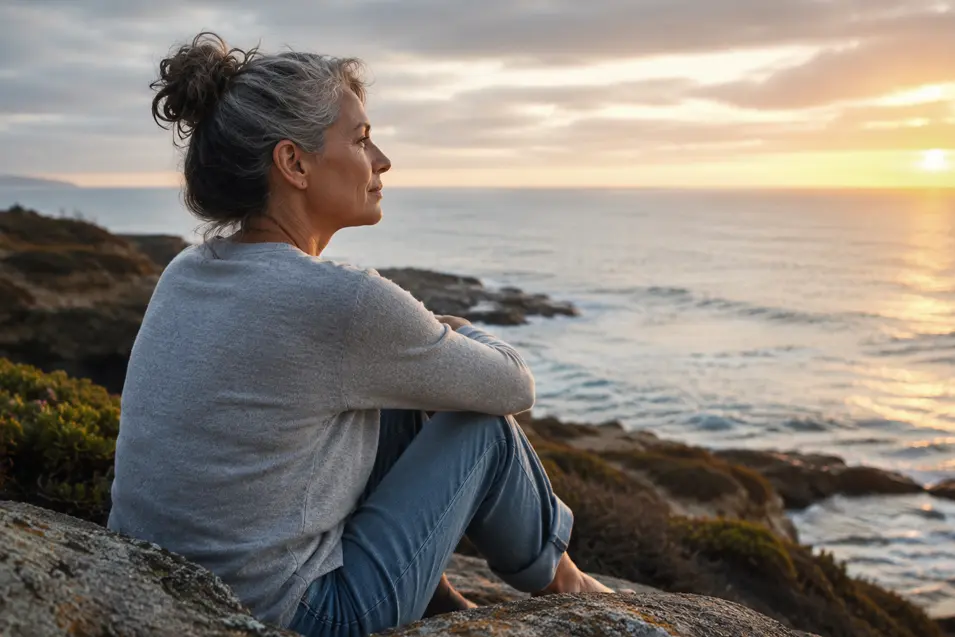 A 50-year-old woman sits quietly on a rocky shoreline, gazing out to sea at sunset as gentle waves and warm light create a peaceful, reflective scene.