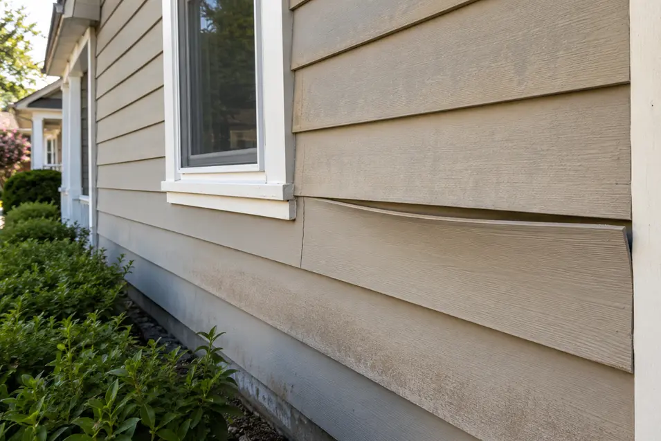 Warped and buckling fiber cement siding pulling away from the wall, highlighting potential moisture damage, improper installation, or structural movement.