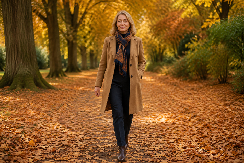 A confident woman in a camel coat walks along a leaf-covered path beneath glowing golden autumn trees.