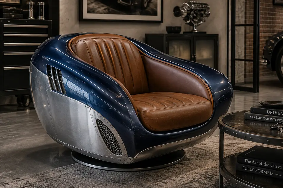 Auto body technician-inspired lounge chair combining sculpted automotive panels, polished metal and rich leather upholstery in a sleek garage setting.