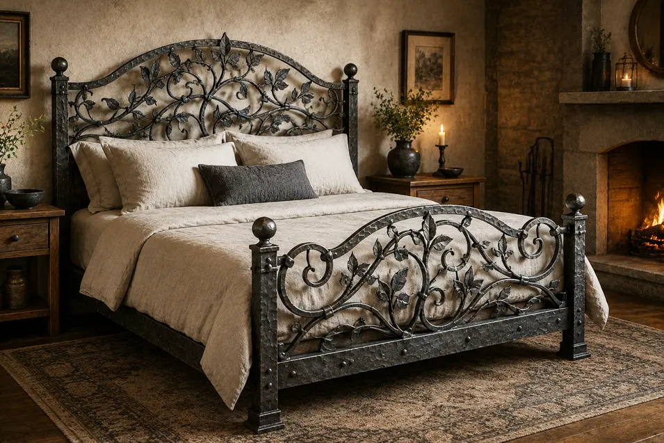 Blacksmith-inspired bed handcrafted from forged iron, with hammered posts and intricate climbing vines forming a dramatic headboard and footboard.