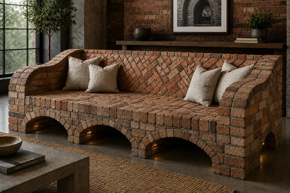 Bricklayer-inspired sofa built entirely from warm reclaimed brick, with patterned masonry, arched supports and simple linen pillows.