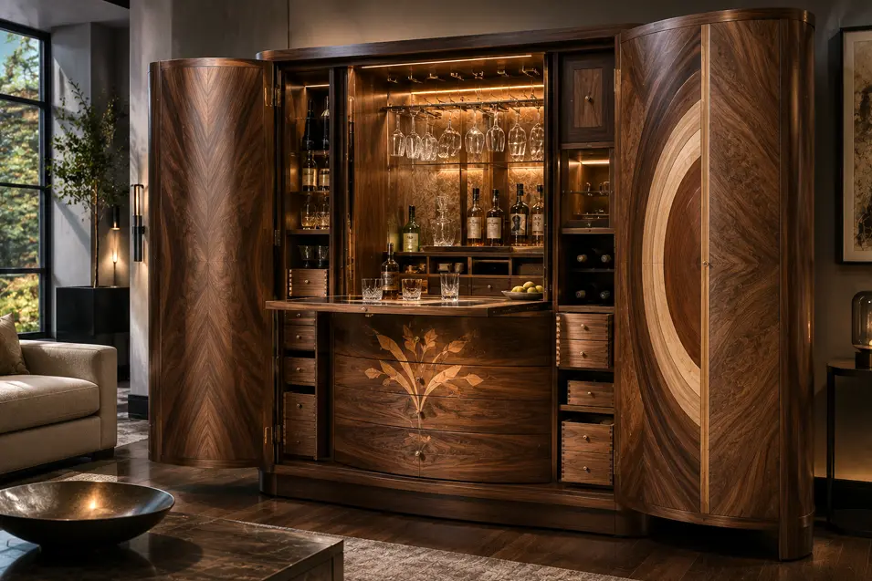 Cabinetmaker-inspired bar cabinet showcasing rich hardwood, intricate marquetry, curved doors and precision joinery in a luxurious statement piece.