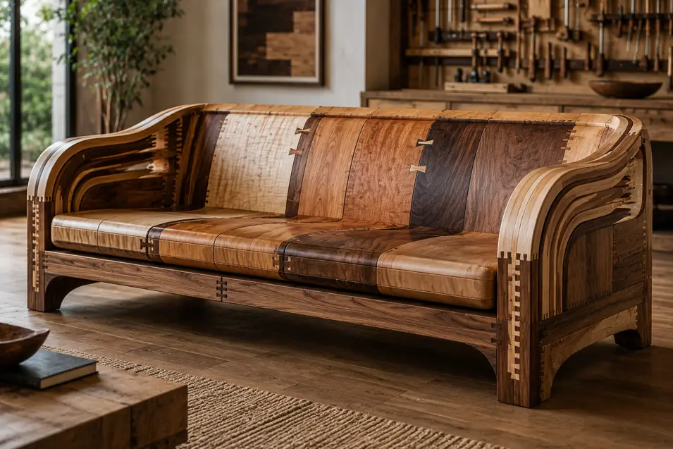 Sculptural carpenter’s sofa crafted from contrasting hardwoods, showcasing intricate joinery, dovetails and beautifully curved laminated arms.