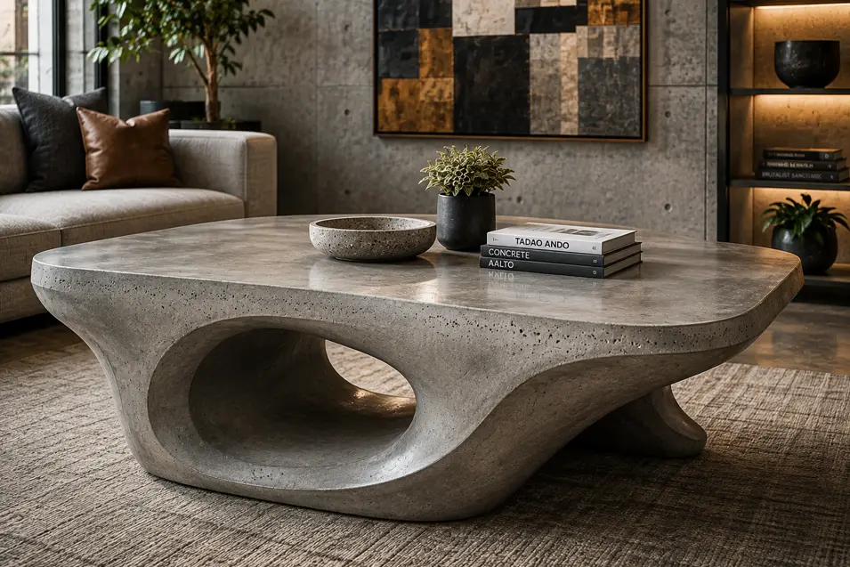 Concrete worker-inspired coffee table sculpted from polished concrete, with flowing curves and dramatic openings creating a striking modern centerpiece.