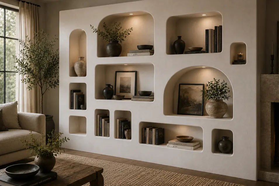 Drywaller-inspired built-in shelving sculpted from seamless plaster, with softly rounded niches transforming a simple wall into architectural furniture.