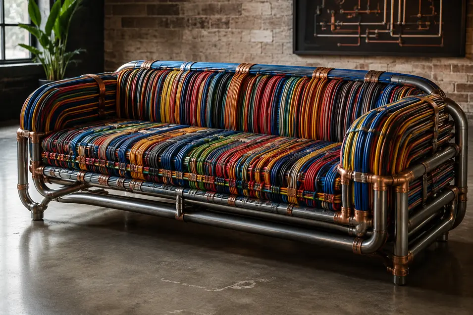 Industrial sofa crafted from multicoloured electrical cables, metal conduit and copper fittings, turning an electrician’s materials into bold furniture.