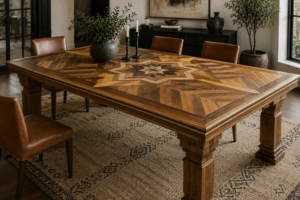 Flooring installer-inspired dining table featuring intricate parquet patterns and contrasting hardwoods, turning classic floor craftsmanship into furniture.