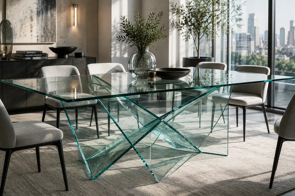 Glazier-inspired dining table crafted from intersecting sheets of architectural glass, creating a transparent, sculptural centerpiece.