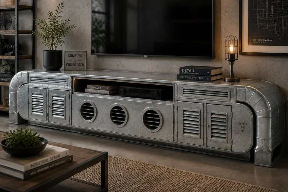 HVAC-inspired media console built from galvanized ductwork, vents and industrial metalwork, transforming mechanical systems into functional furniture.