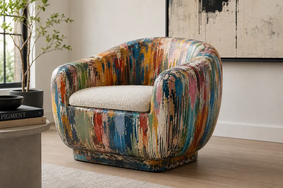 Painter-inspired accent chair covered in layers of colourful drips and splashes, turning the evidence of the trade into bold, functional art.