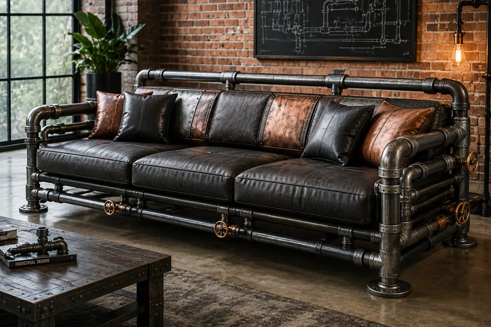 Industrial pipefitter sofa built from steel piping, valves, dark leather and aged copper panels, creating a bold loft-style statement piece.