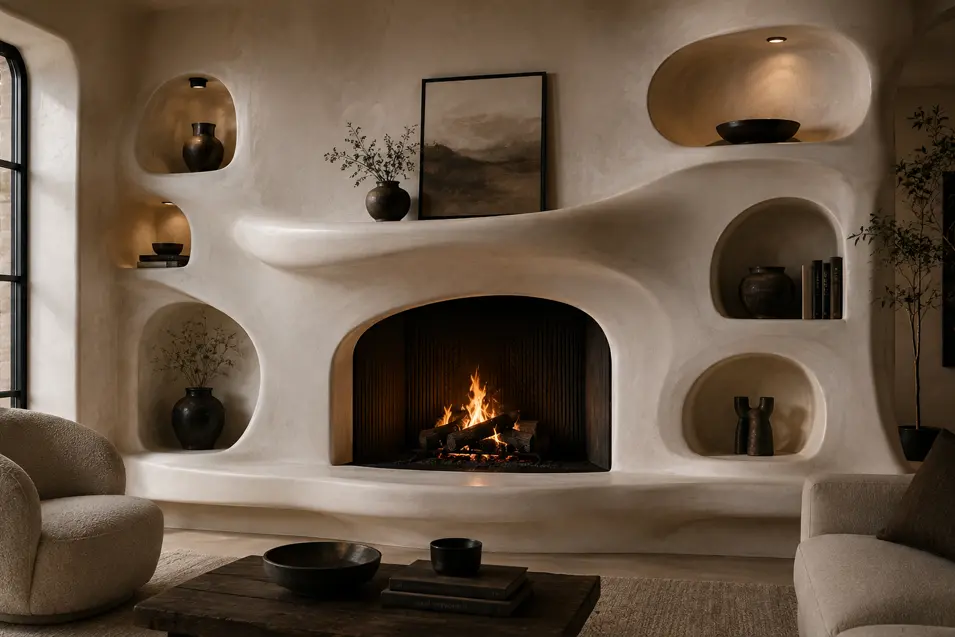 Plasterer-inspired fireplace wall sculpted in smooth organic curves, with integrated niches and shelving creating a seamless architectural centerpiece.