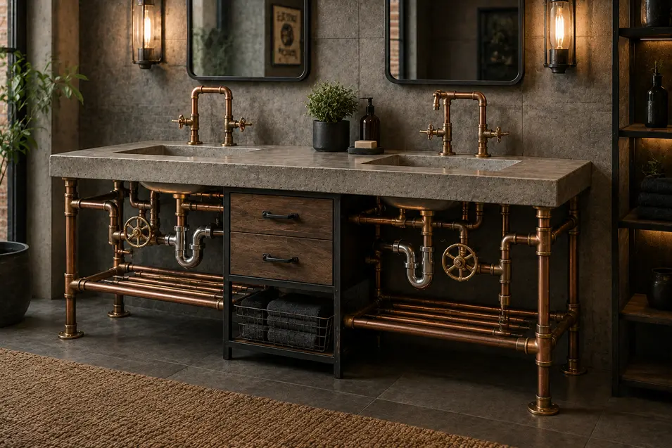 Plumber-inspired bathroom vanity built from exposed copper piping, brass valves and concrete, turning functional plumbing into industrial design.