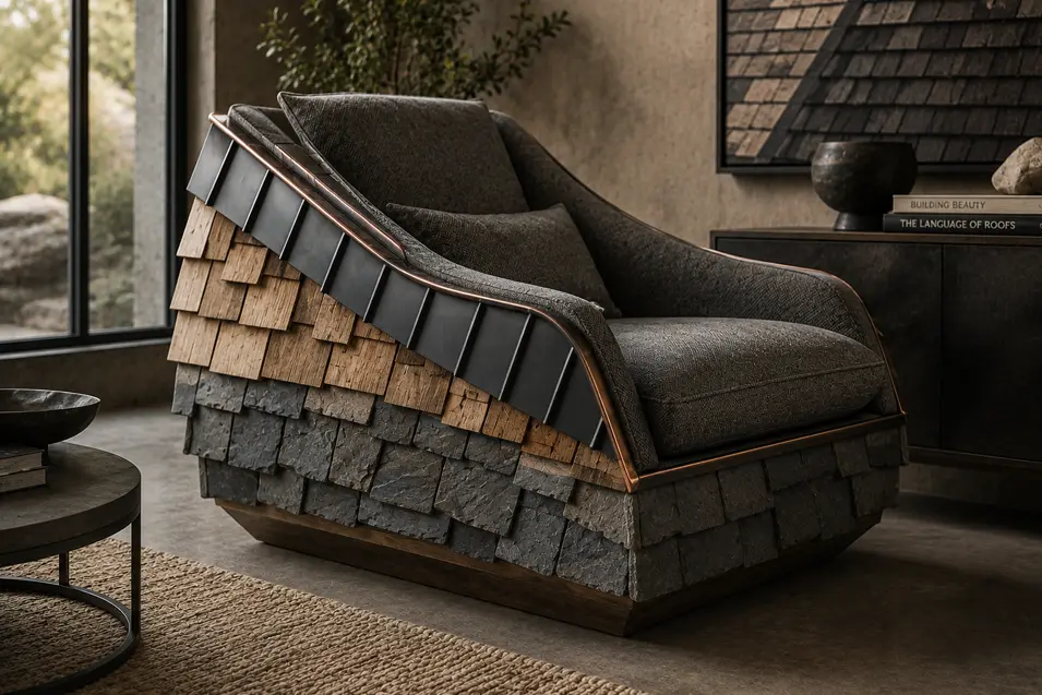 Roofer-inspired lounge chair wrapped in layered cedar and slate shingles, with copper edging and deep upholstery for an architectural statement.