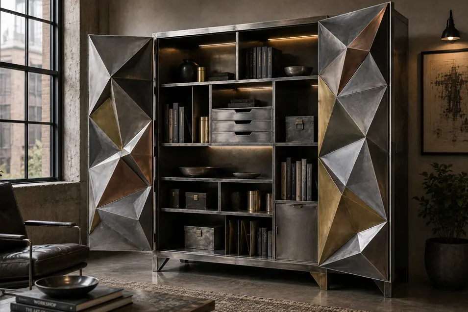 Sheet metal worker-inspired cabinet crafted from folded metal panels, with geometric doors and exposed metallic finishes creating sculptural storage.