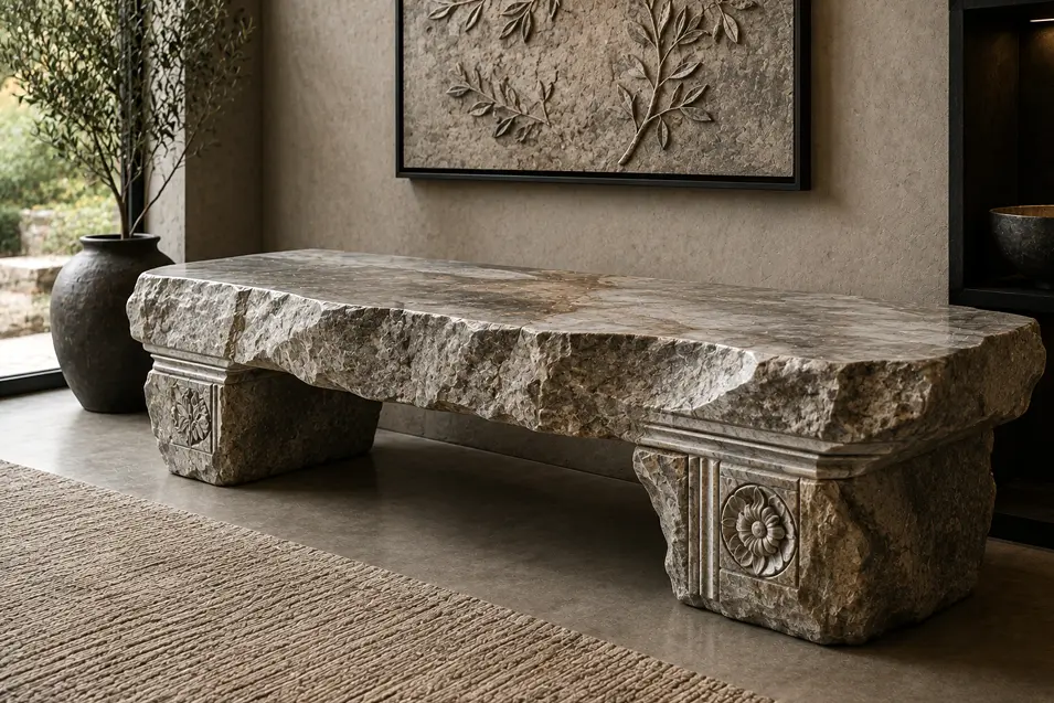 Stonemason-inspired bench carved from massive natural stone, combining rough-hewn edges with detailed classical carving and sculptural craftsmanship.