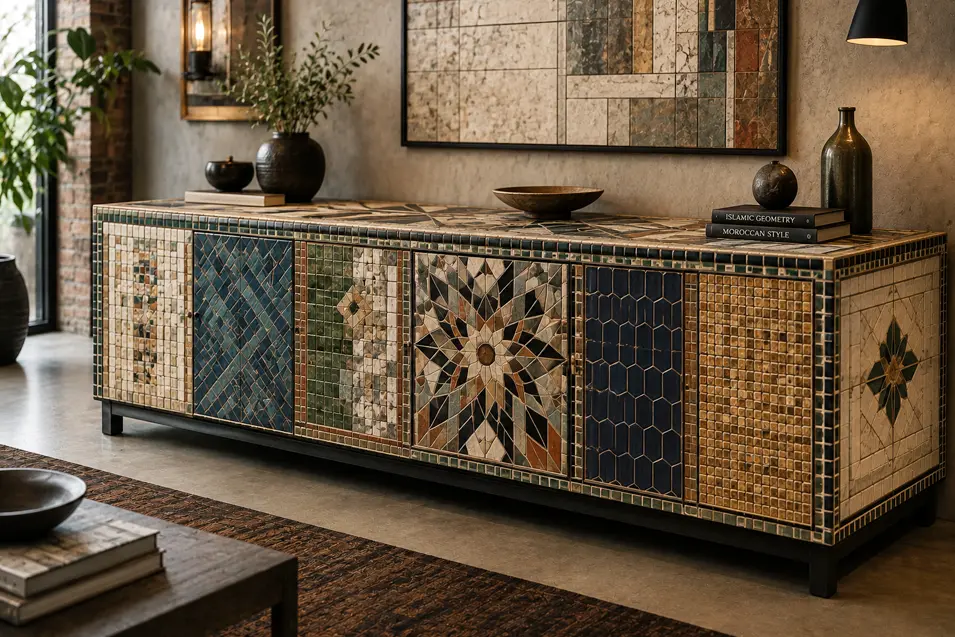 Tile setter-inspired sideboard covered in intricate geometric mosaics, blending stone, ceramic and rich colour into a striking handcrafted piece.