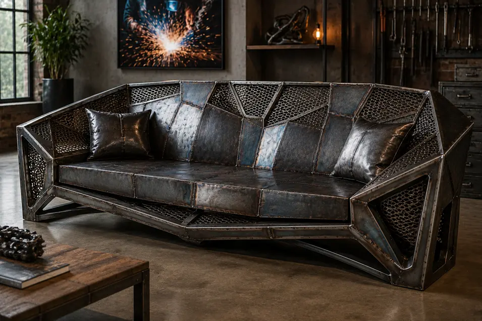 Bold welder-inspired sofa crafted from raw steel panels, exposed welds and metal mesh, creating a dramatic piece of industrial furniture.
