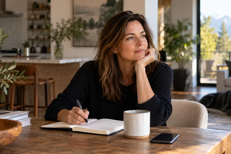A thoughtful woman pauses while journaling at a warm wooden table, coffee nearby, in a bright modern home with her dog resting behind her.