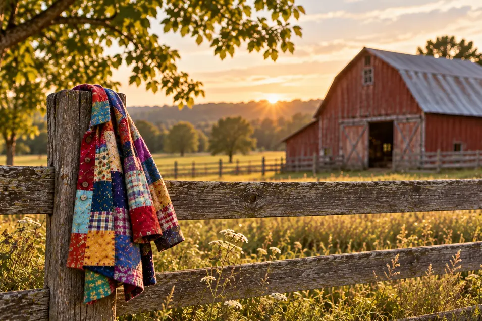 A colorful patchwork coat hangs on a weathered fence beside a rustic red barn, glowing in the warm light of a country sunset.