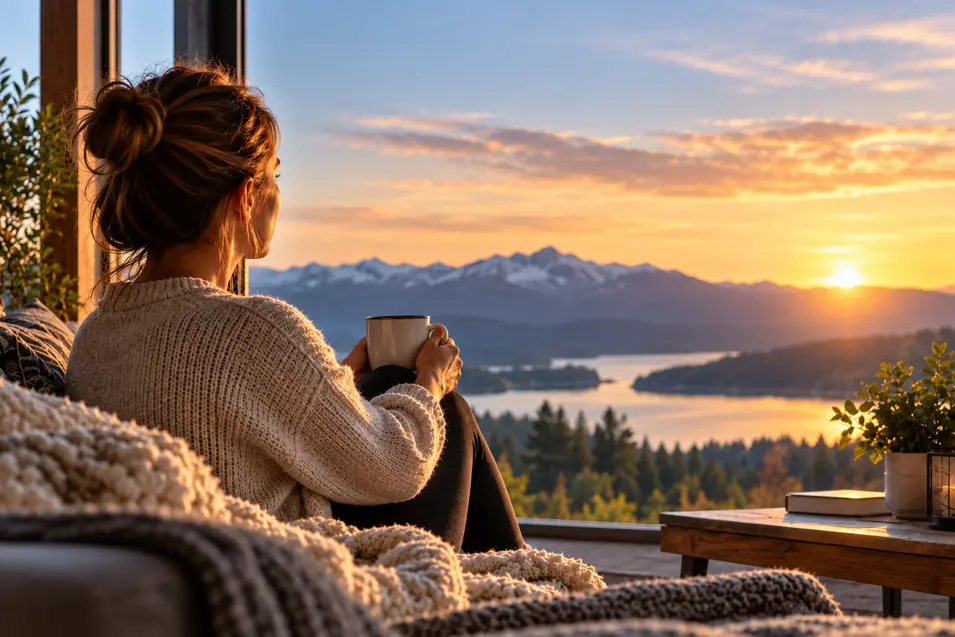 A woman in a cozy knit sweater enjoys a warm drink while watching the sunset over a peaceful lake and snow-capped mountains.