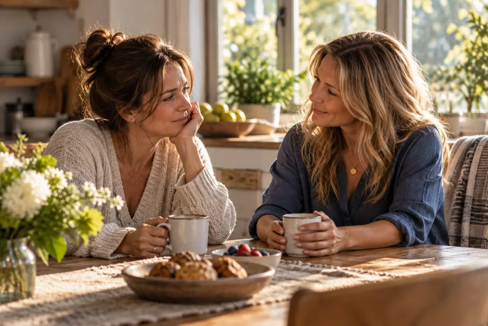 Two women share a warm conversation over coffee at a sunlit kitchen table, finding comfort, friendship and connection in a peaceful home.